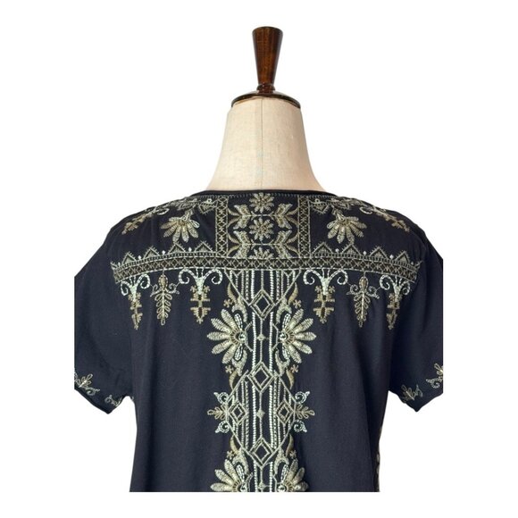 Johnny Was Shirt Women Small Black Cotton Knit Sean Embroidered Top Boho Cottage - Picture 4 of 9